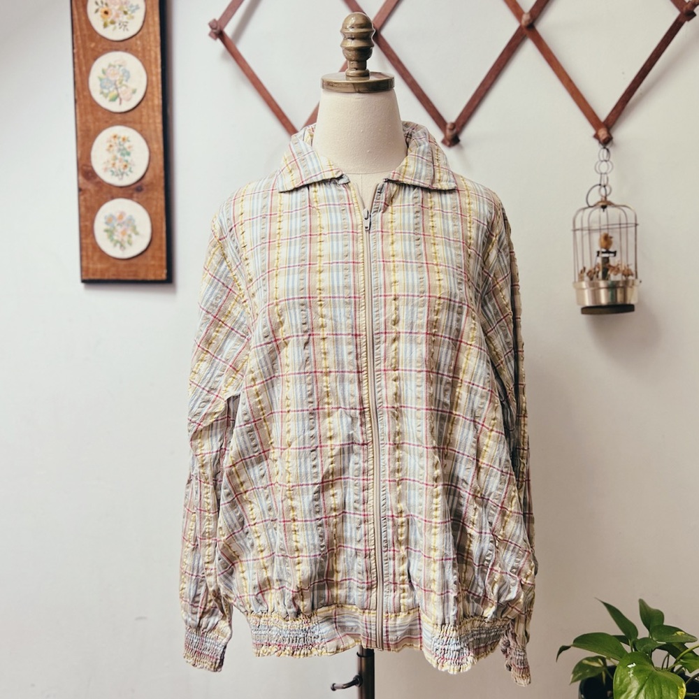 Vintage 90s Plaid Seersucker Zip Up Lightweight Jacket XL